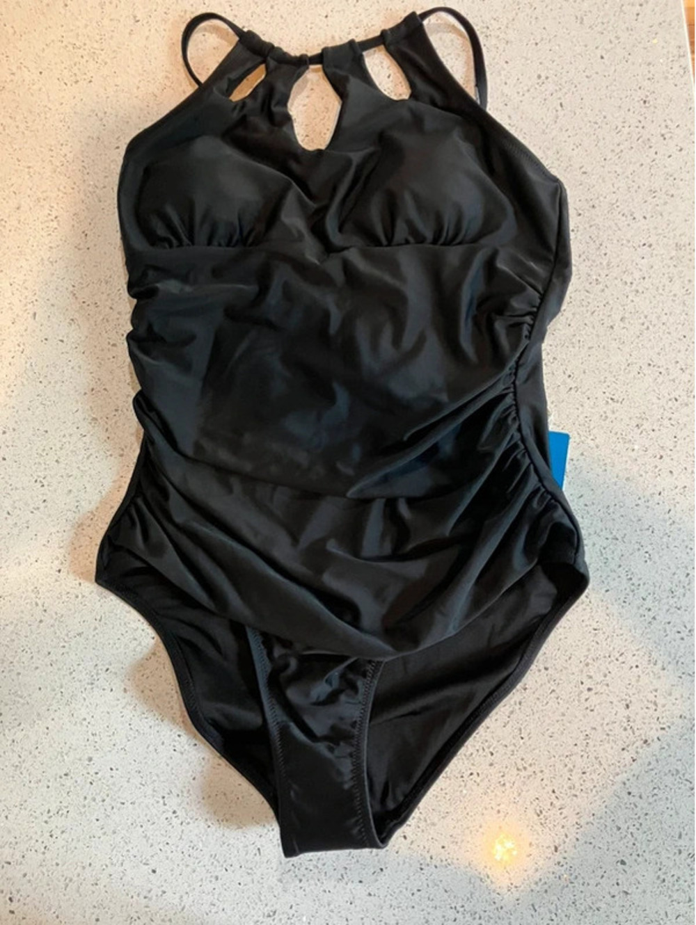 Slimming Cupshe Black One Piece Swimsuit M High Neck Cut Out Ruched NWT